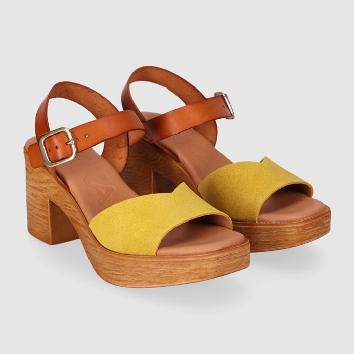 Sandalias de Serraje - Mostaza - Tacón: 6 cm