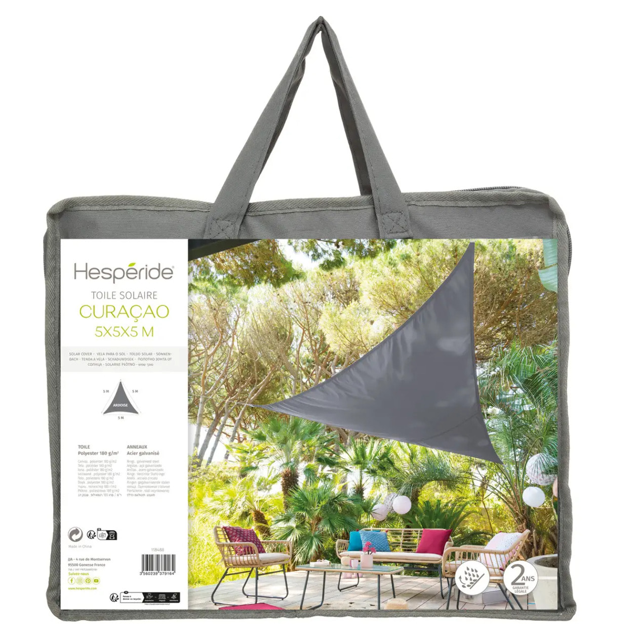 Voile d'ombrage triangulaire "Curacao" gris 5x5x5m en polyester