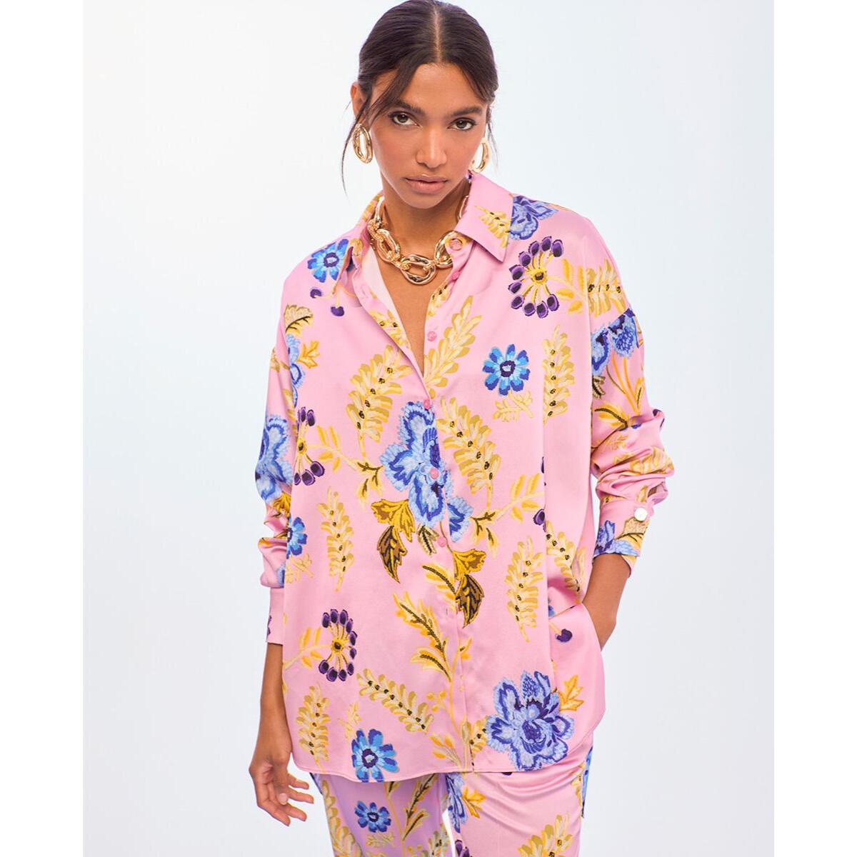 Camicia oversize in raso con stampa floreale