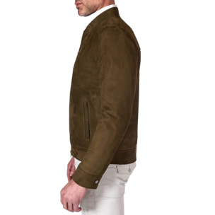 Giacca in pelle scamosciata colore verde khaki con cerniera