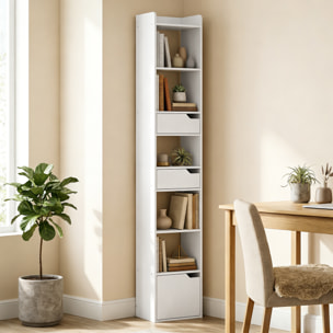 Estantería para Libros con 2 Cajones y Puerta, Librería Estrecha con 6 Estantes Abiertos, Armario Alto para Salón, Estudio, Oficina, 32x24x181,5 cm, Blanco