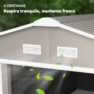 Caseta de Jardín Exterior 12,4 m² 340x386x200 cm, Cobertizo de Jardín Exterior Metálico con Puerta Corredera, Base Refuerzo (Suelo NO Incluido) y Ventanas Gris Claro