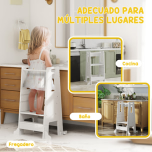 Torre de Aprendizaje Taburete de Aprendizaje para Niños de +3 Años con Pedal Altura Ajustable en 3 Niveles y Barrera de Seguridad para Baño Cocina 45x47,5x91 cm Blanco
