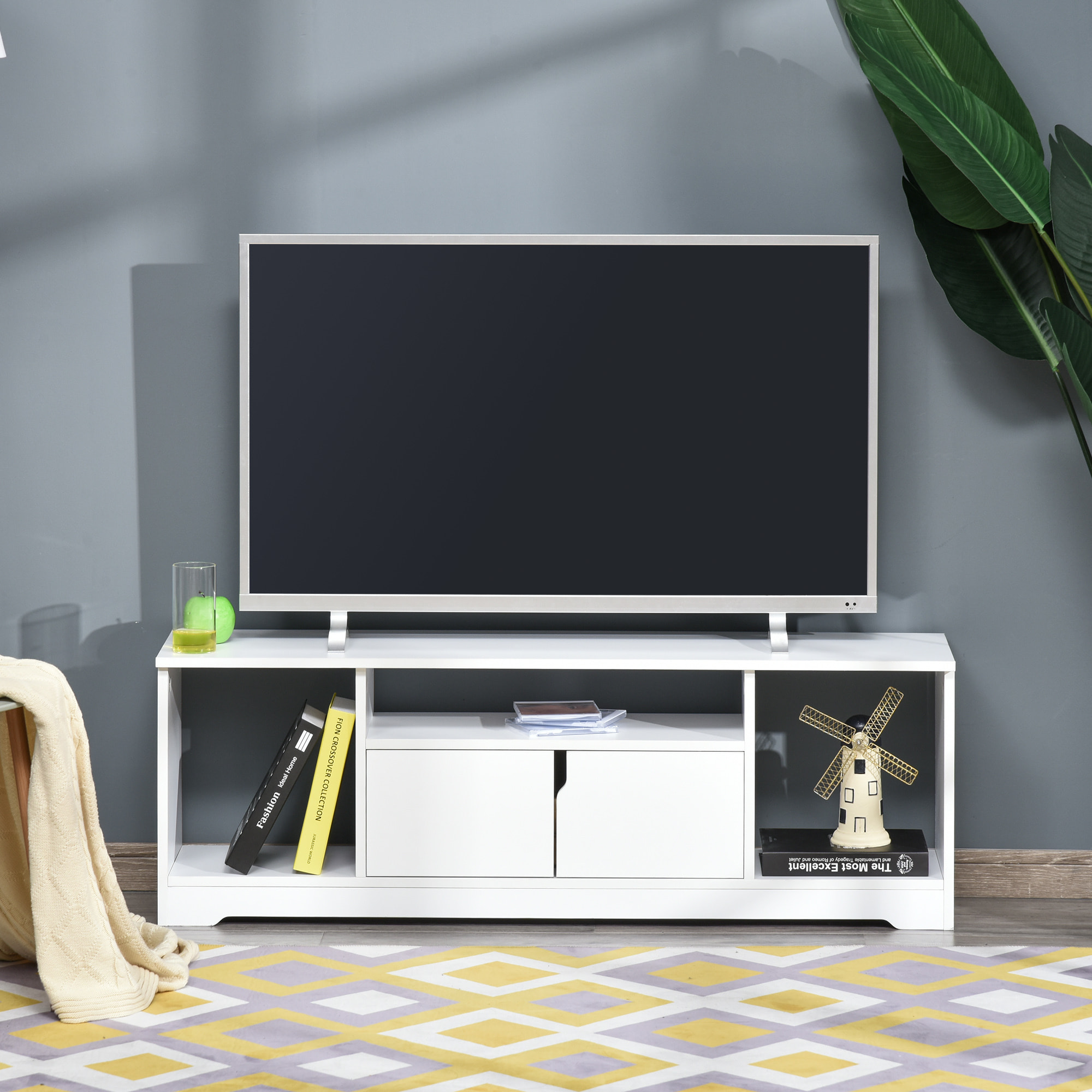 Mueble de TV para Televisor de hasta 42" Mesa para TV de Salón Moderna con Armario de Doble Puerta y 3 Compartimentos Abiertos 120x30x41cm Blanco