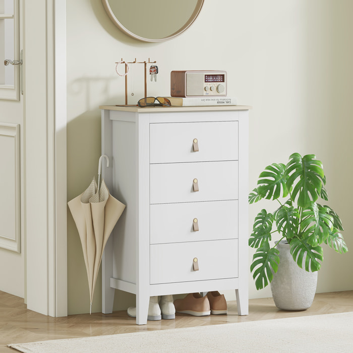 Chiffonnier 4 tiroirs sur pieds dim. 60 x 40 x 98 cm poignées PU métal doré blanc effet bois clair