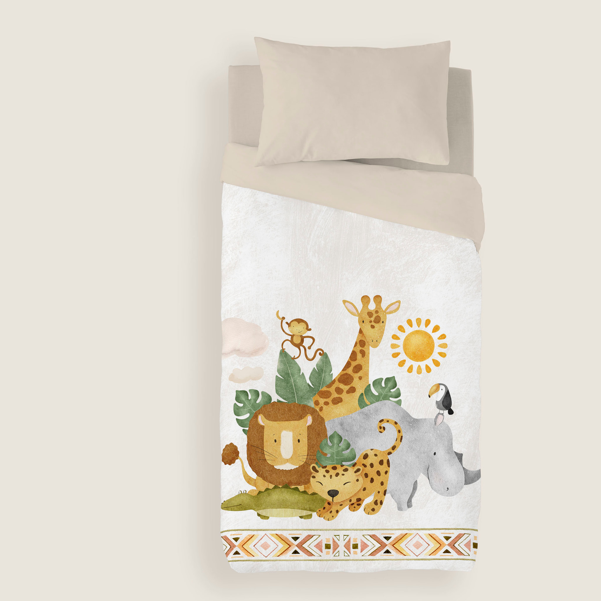 Naturals - Funda Nórdica Estampada - Infantil - 100% Algodón - Incluye 1 Funda de Almohada - Safari