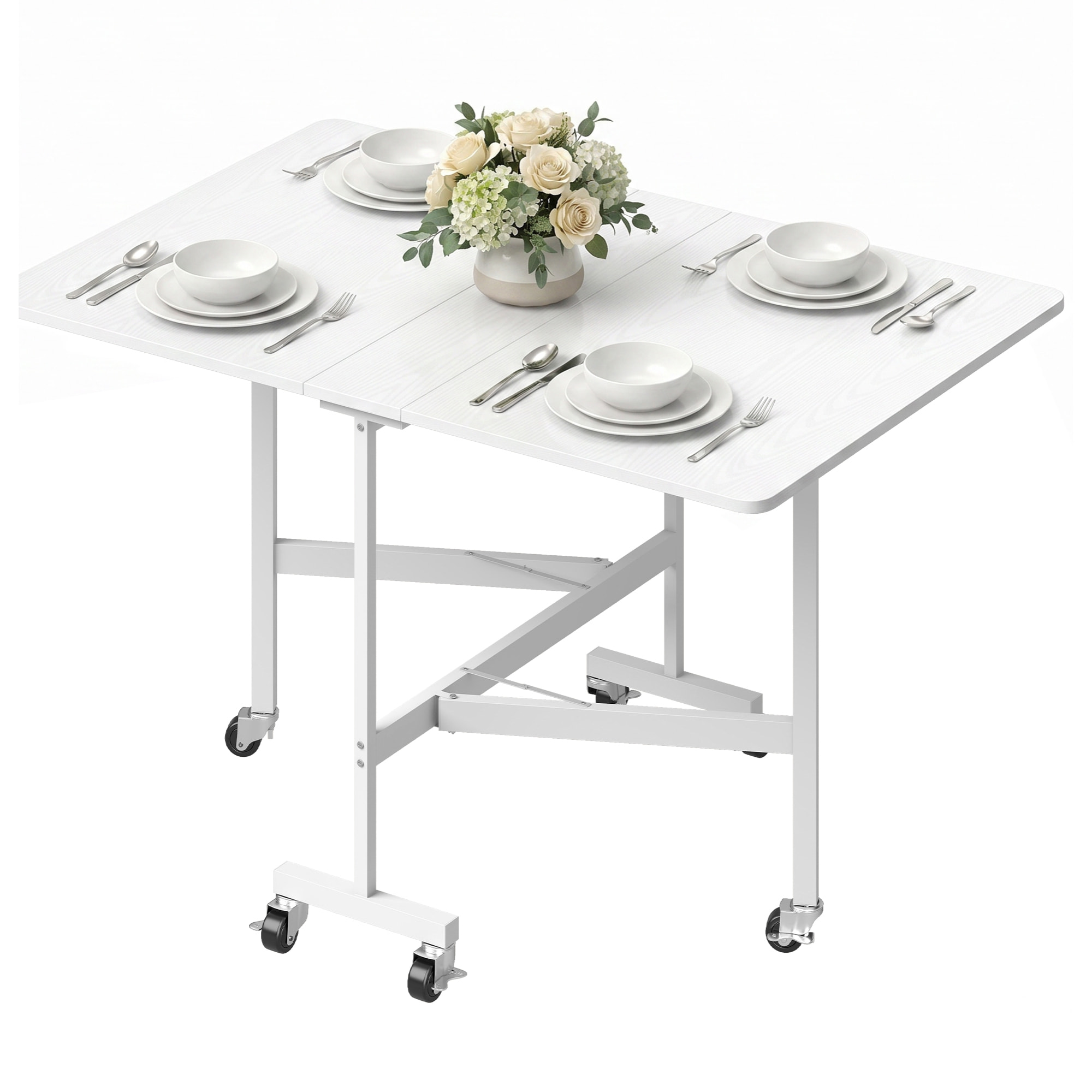 Table pliable 6 personnes - table à rabat mobile 6 roulettes - acier blanc effet bois blanc