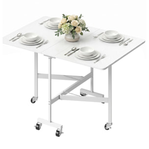 Table pliable 6 personnes - table à rabat mobile 6 roulettes - acier blanc effet bois blanc
