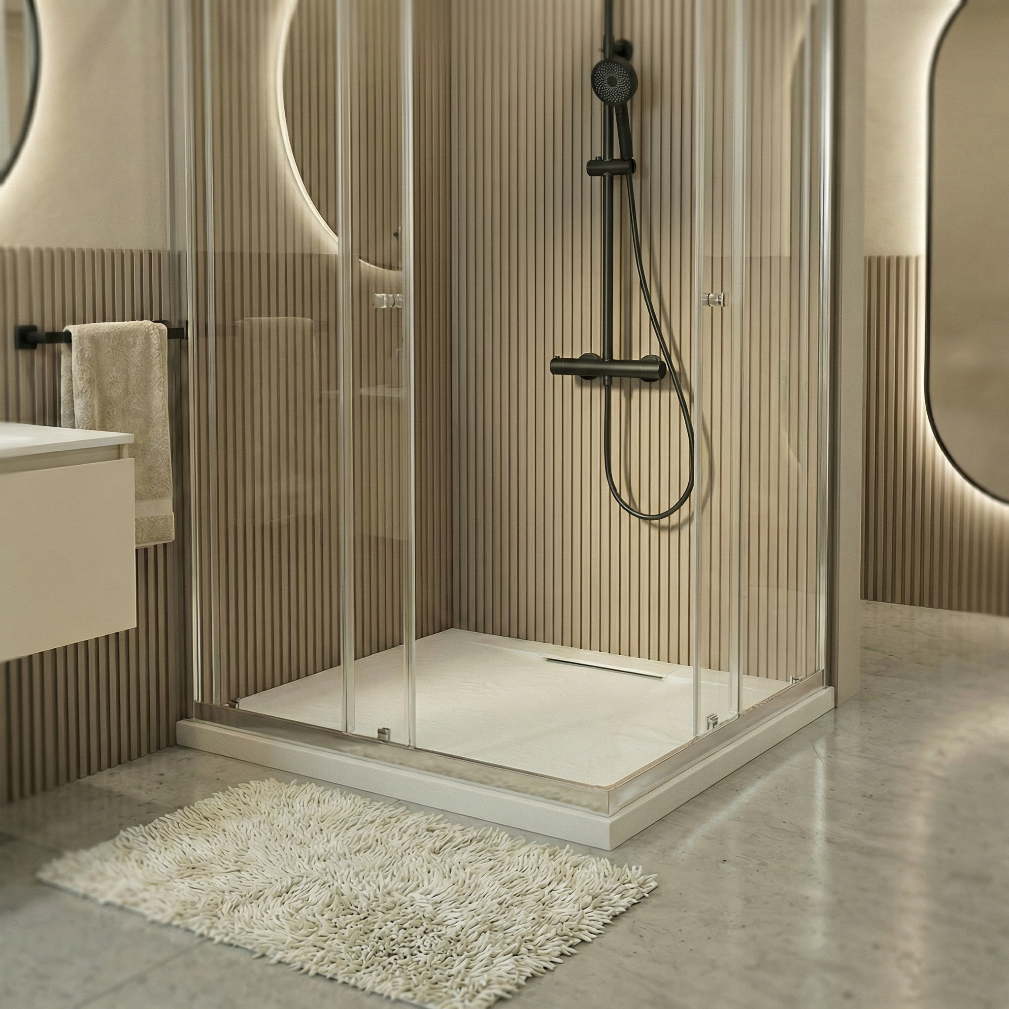 PixL 90x90 cm receveur de douche carré à poser en résine composite avec surface effet pierre, blanc (CERAPX9090W) :