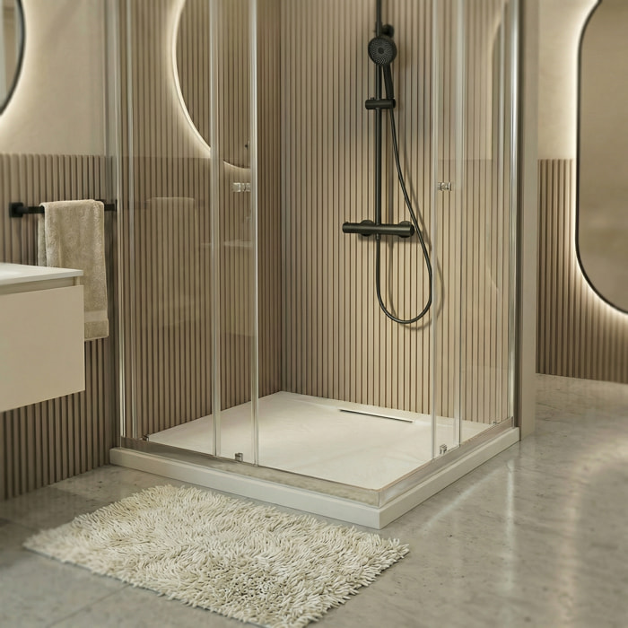 PixL 90x90 cm receveur de douche carré à poser en résine composite avec surface effet pierre, blanc (CERAPX9090W) :