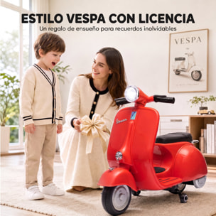 Moto Eléctrica para Niños Licencia VESPA 6V, Moto Eléctrica Infantil con Arranque Suave, Ruedines Desmontables, Luz Delantera, Música, Bocina, USB, Avance, Atrás, para Niños de +3 Años, Rojo