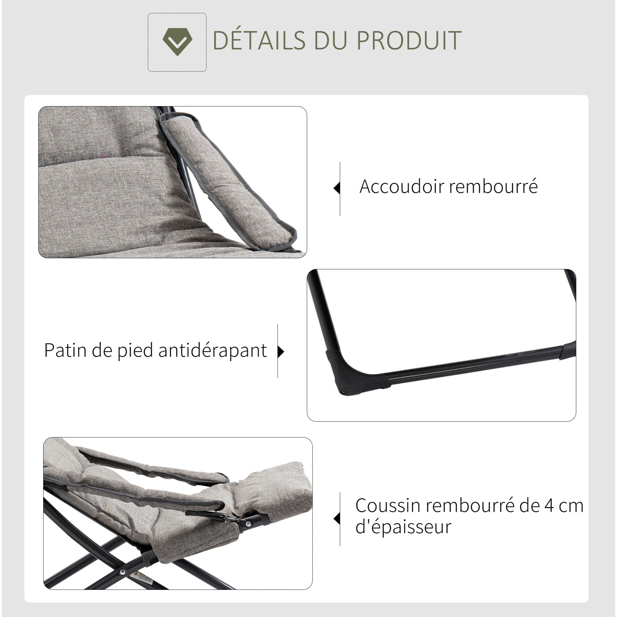Chaise de jardin camping pliable - épais coussin amovible inclus - accoudoirs rembourrés - acier noir tissu gris
