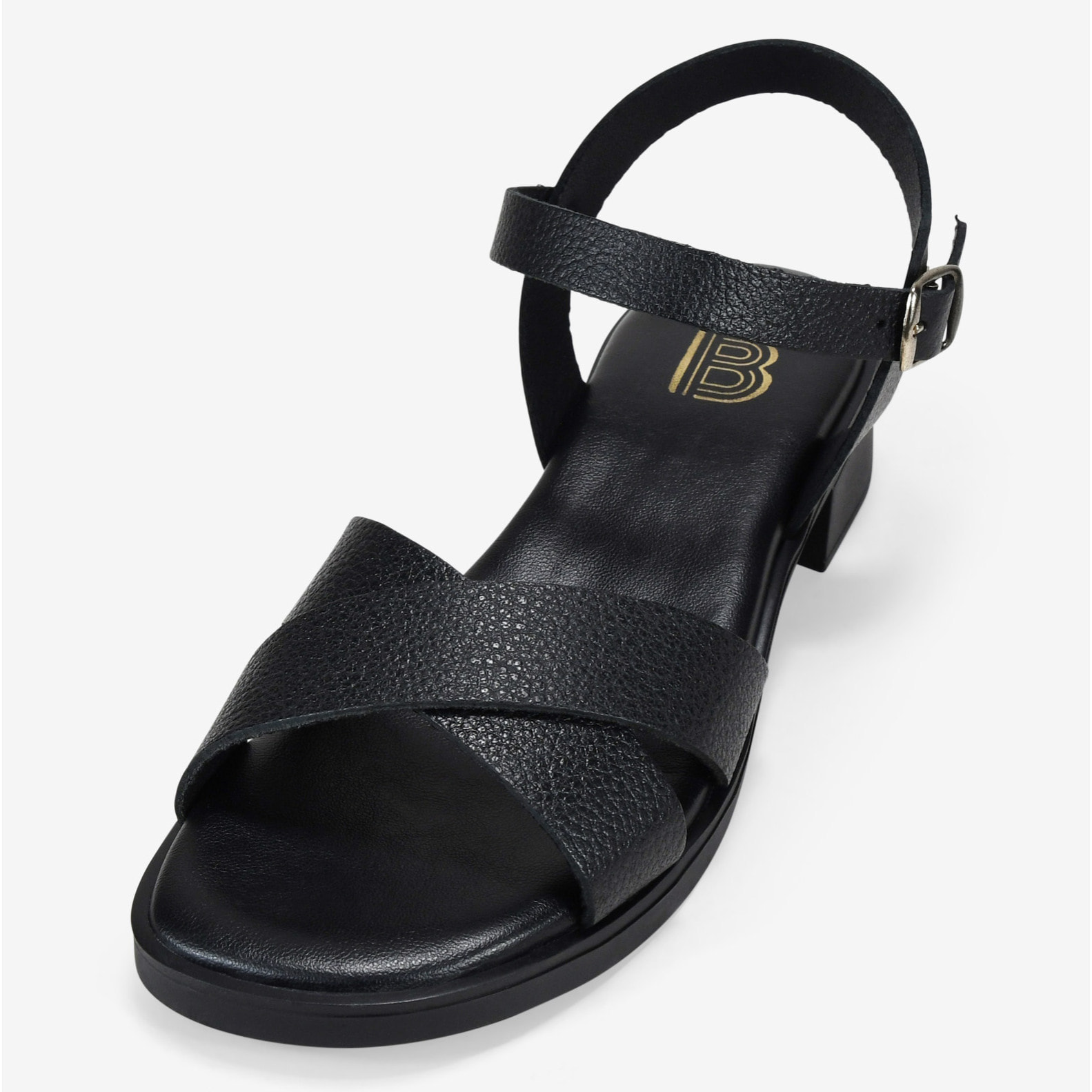 Sandalias negras de piel con tacón y hebilla
