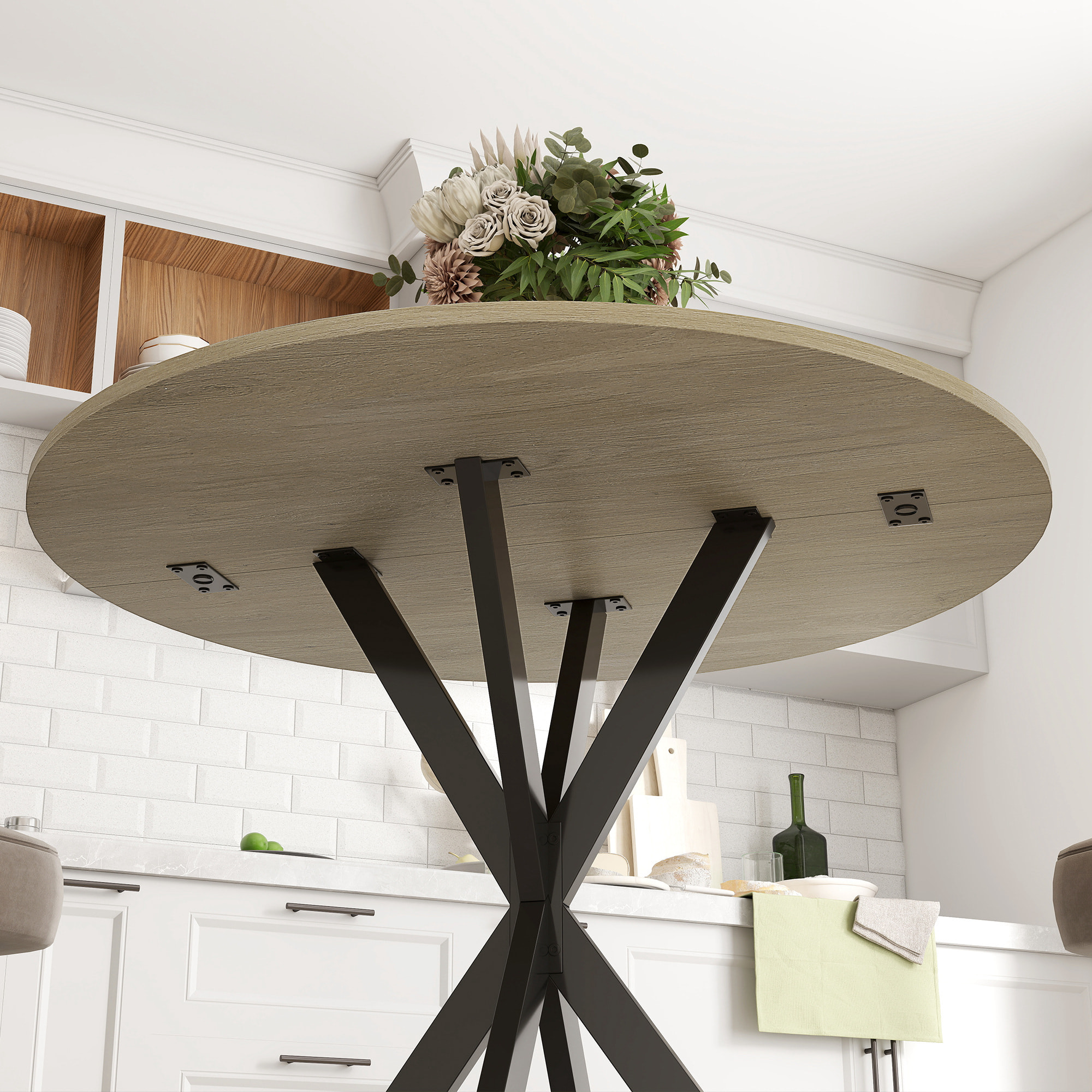 Table ronde bois 2 personnes dia. 80 cm style industriel piètement croisé acier noir