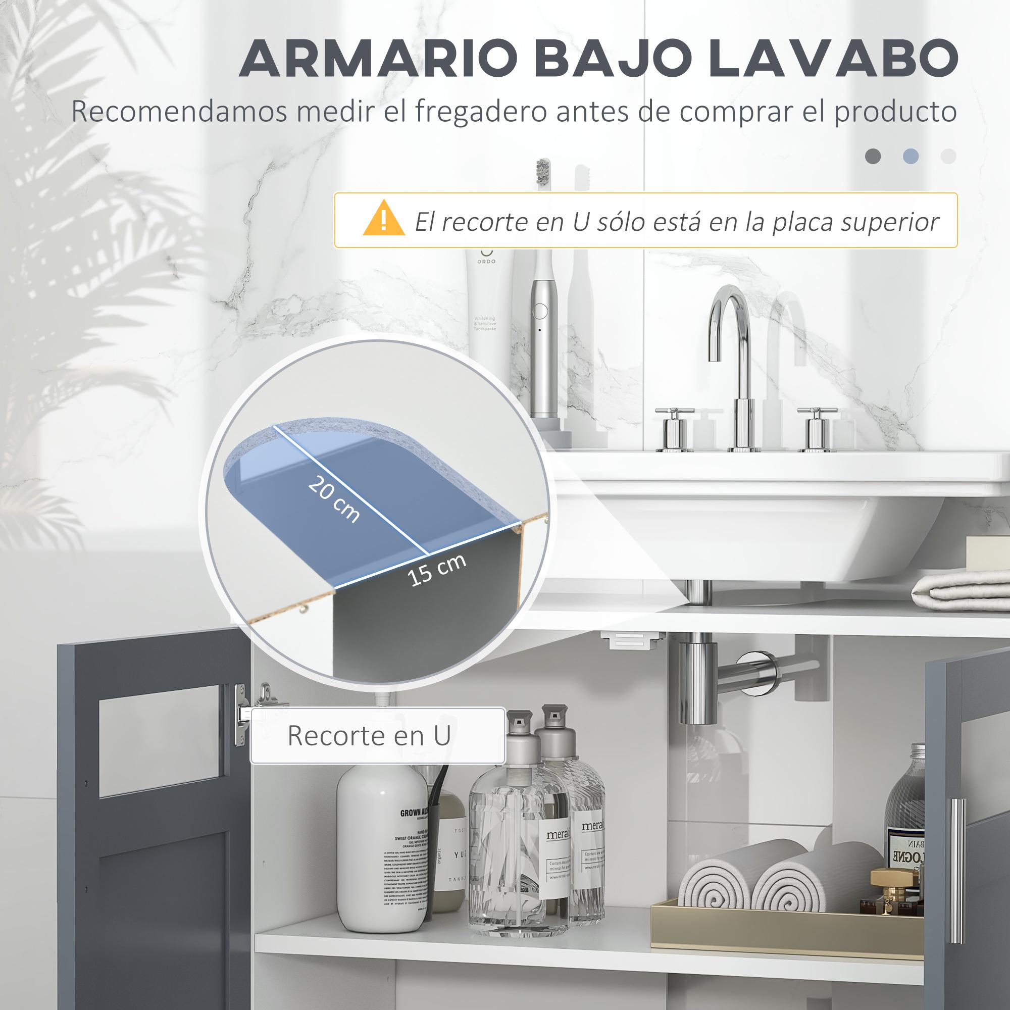 Mueble para Debajo del Lavabo Armario de Baño Bajo Lavabo con 2 Puertas de Vidrio Templado y Estante Ajustable 69x35x59 cm Blanco y Gris