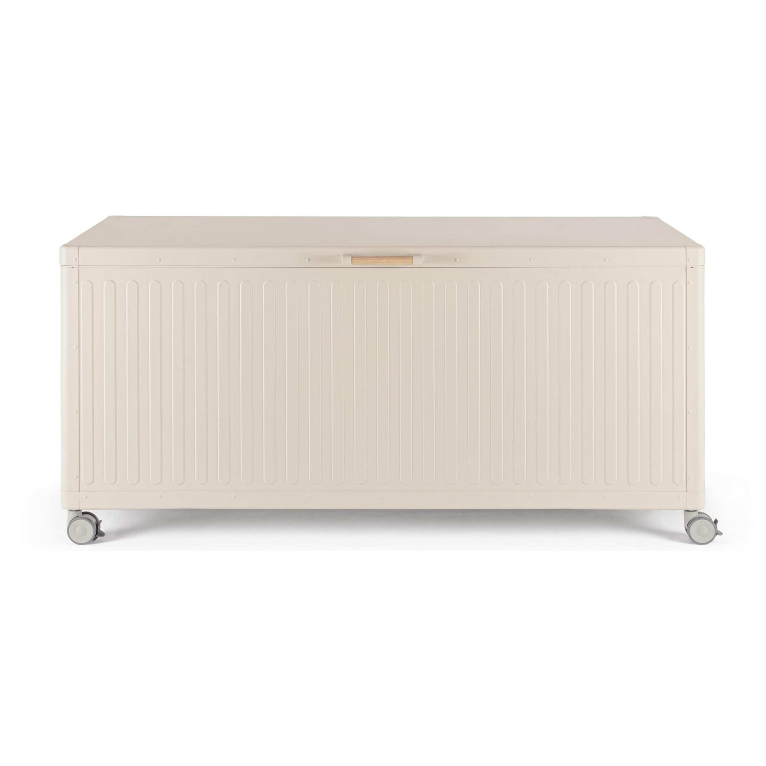 Baule da giardino BRAGA in alluminio beige, con ruote e maniglia effetto legno