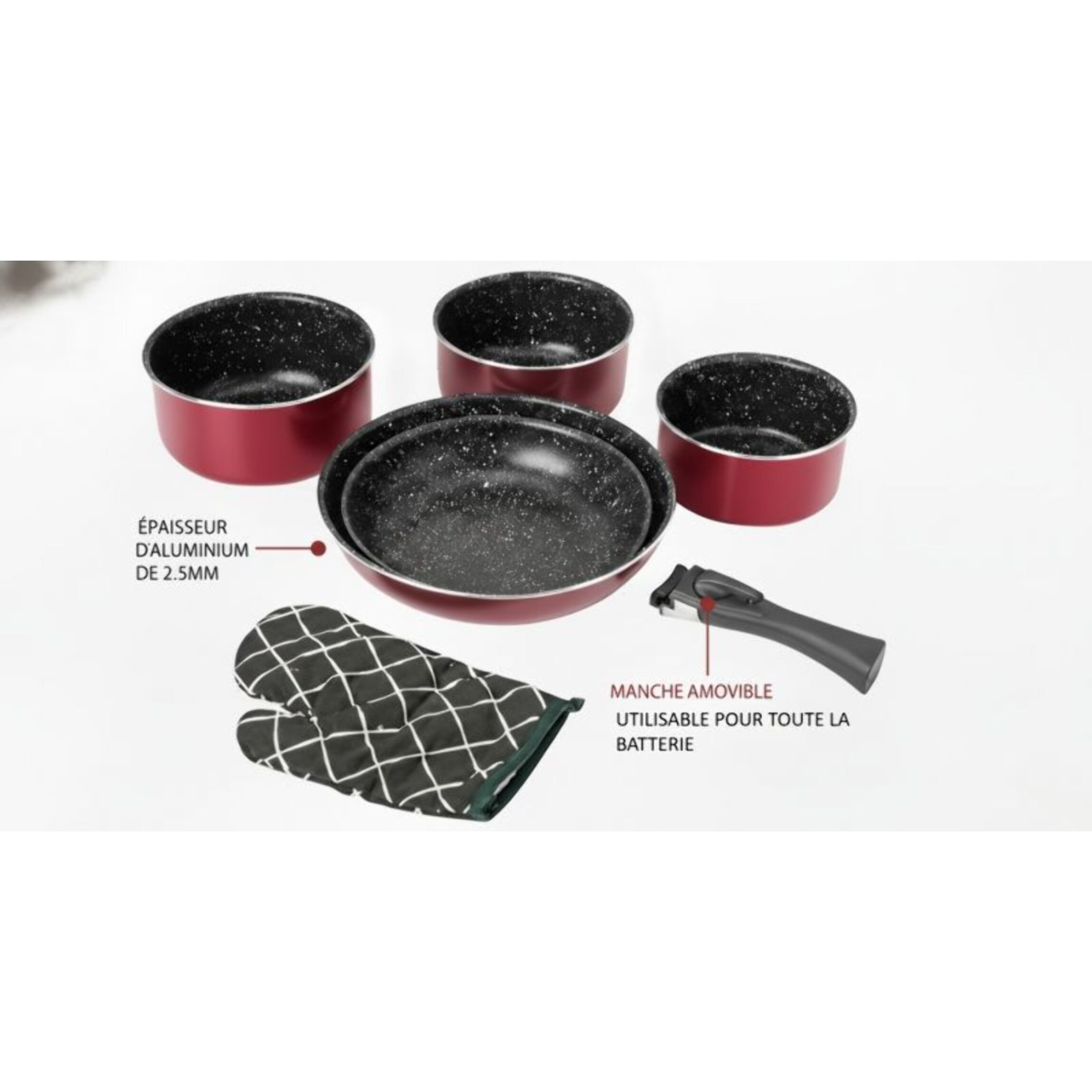 Batterie de cuisine revêtement pierre avec manche amovible 7 pièces bordeaux Herzberg HG8053-BR