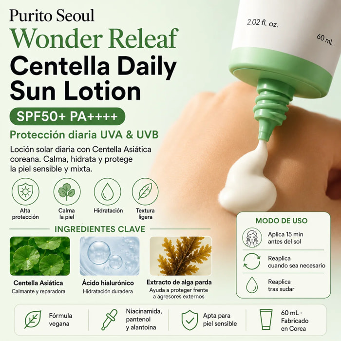 Protector solar Wonder Releaf Centella Daily Sun Lotion SPF50+ PA++++ Purito Seoul 60 ml