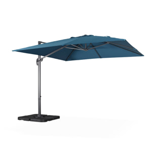 Parasol déporté carré bleu canard 3x3m structure grise + Lot de 4 dalles à lester 50x50cm