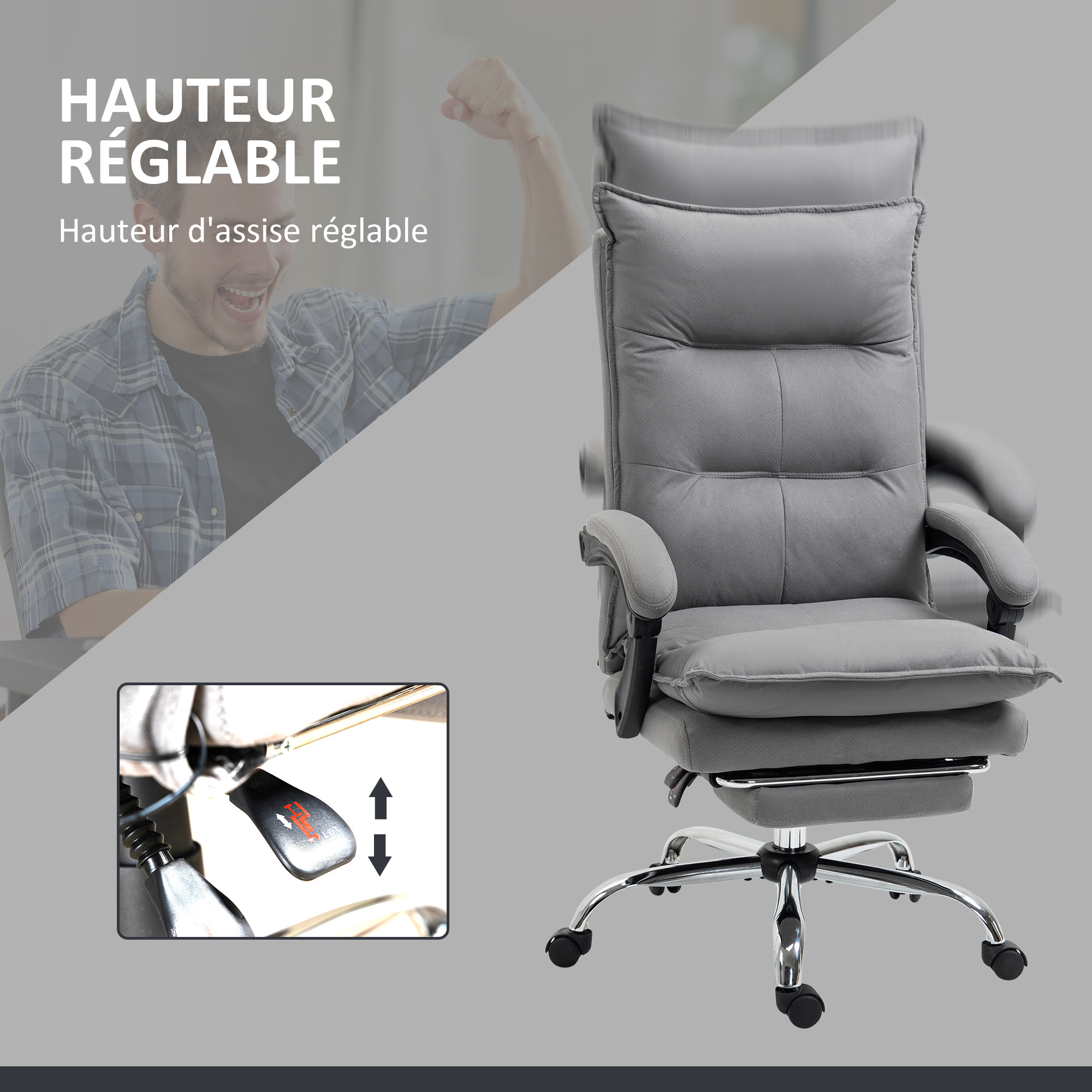 Fauteuil de bureau massant chauffant inclinable réglable repose-pieds rétractable microfibre gris