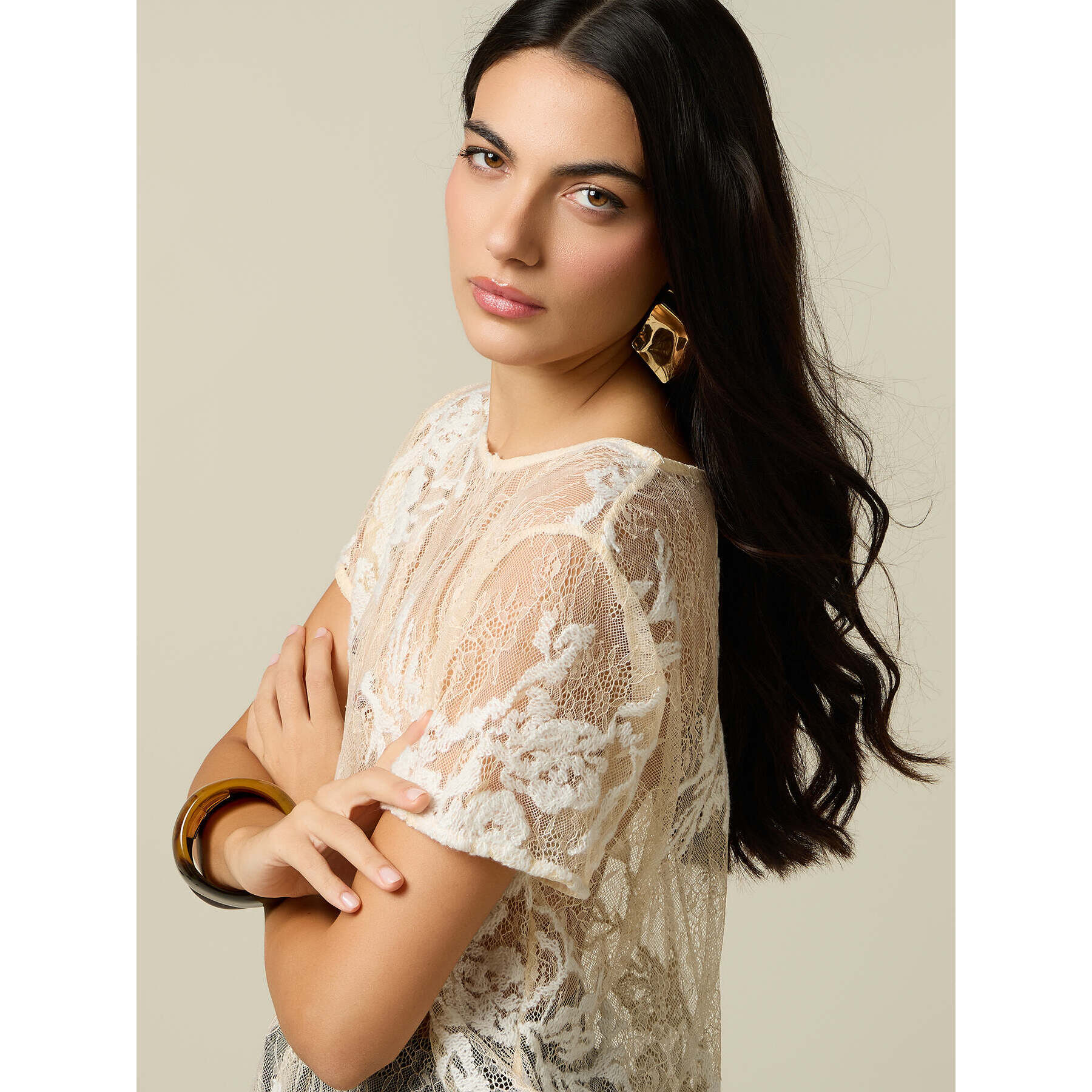Oltre - Blusa in pizzo con ricamo floreale - Bianco