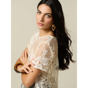 Oltre - Blusa in pizzo con ricamo floreale - Bianco