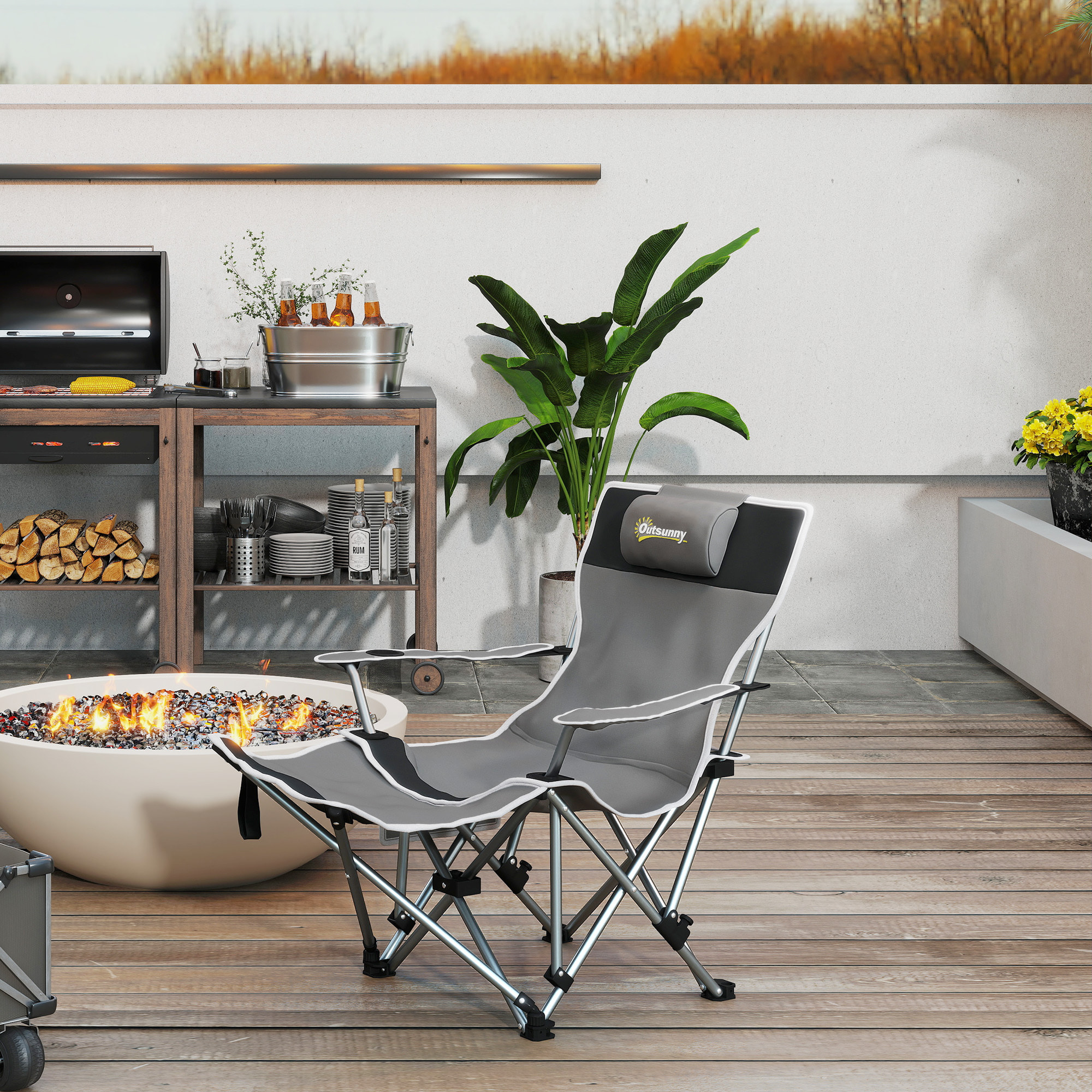 Chaise de camping pliante - repose-pied amovible, rangements - sac transport - gris
