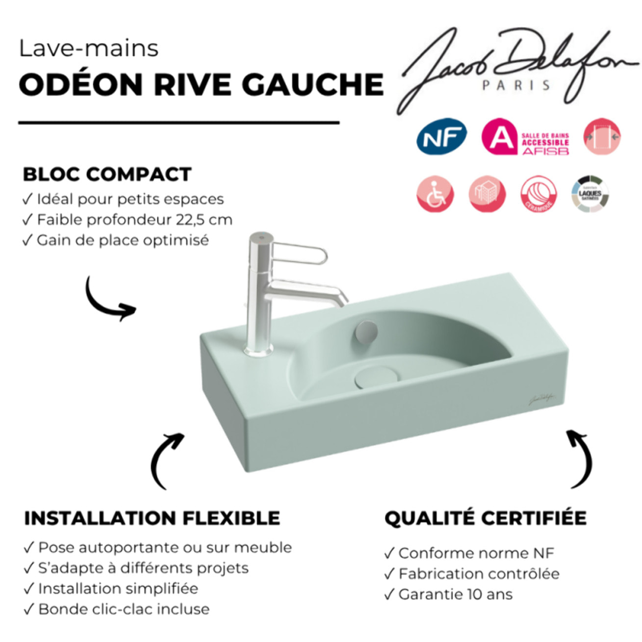 Lave-mains compact 50 cm Odéon Rive Gauche 1 trou de robinetterie à gauche Amande satiné avec bonde