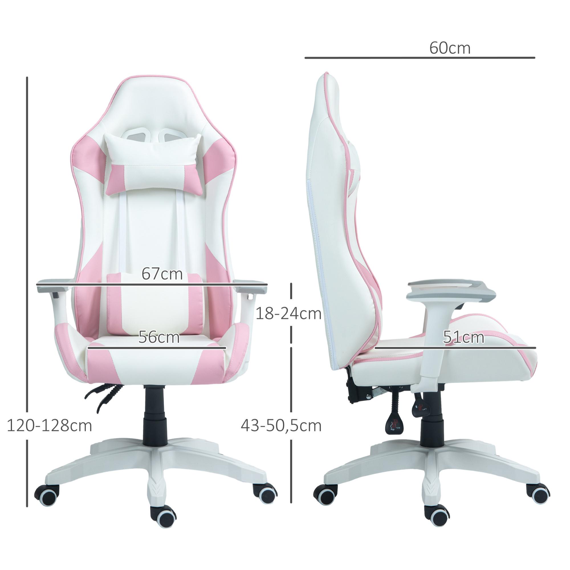 HOMCOM Silla Gaming Reclinable Silla Gamer Giratoria con Cojín Lumbar Reposabrazos Ajustable Reposacabezas Extraíble Basculante y Altura Ajustable para Oficina Estudio 67x60x120-128 cm Blanco y Rosa