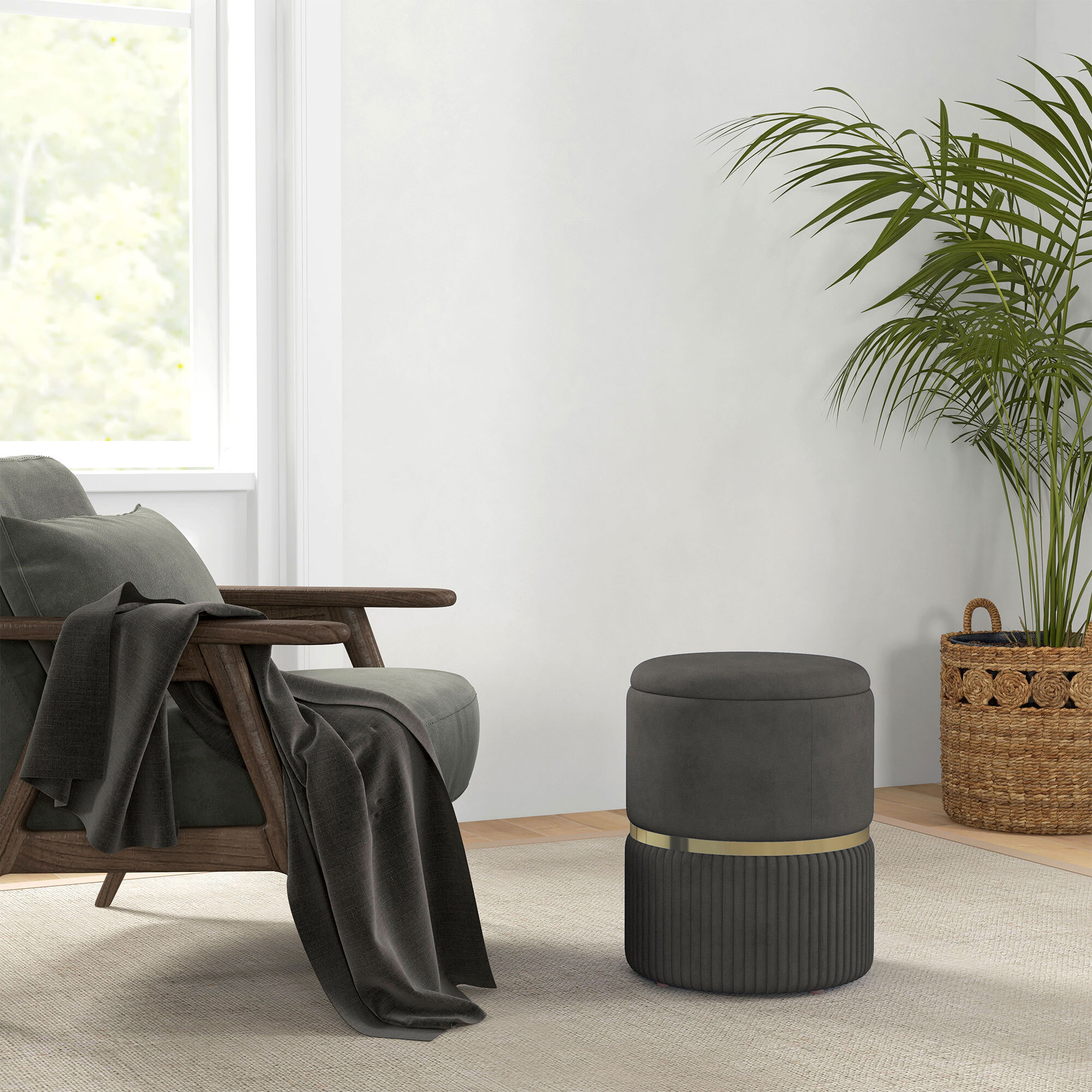 Pouf repose-pied tabouret design avec coffre de rangement velours côtelé acier brossé doré gris
