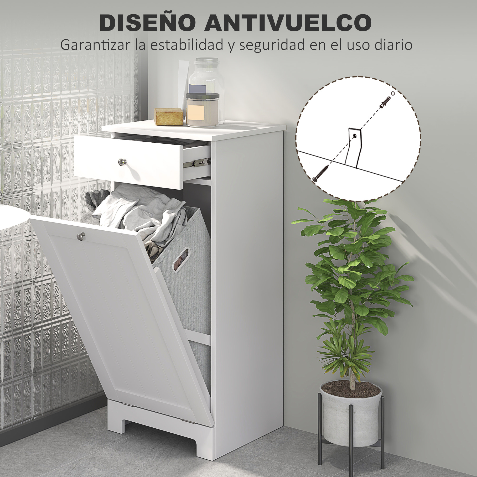 Armario de Baño con Cesto Ropa Sucia Abatible, Mueble Ropa Sucia con Bolsa de Tela Plegable y Cajón, Ideal para Lavandería, Blanco, 40x38x90 cm