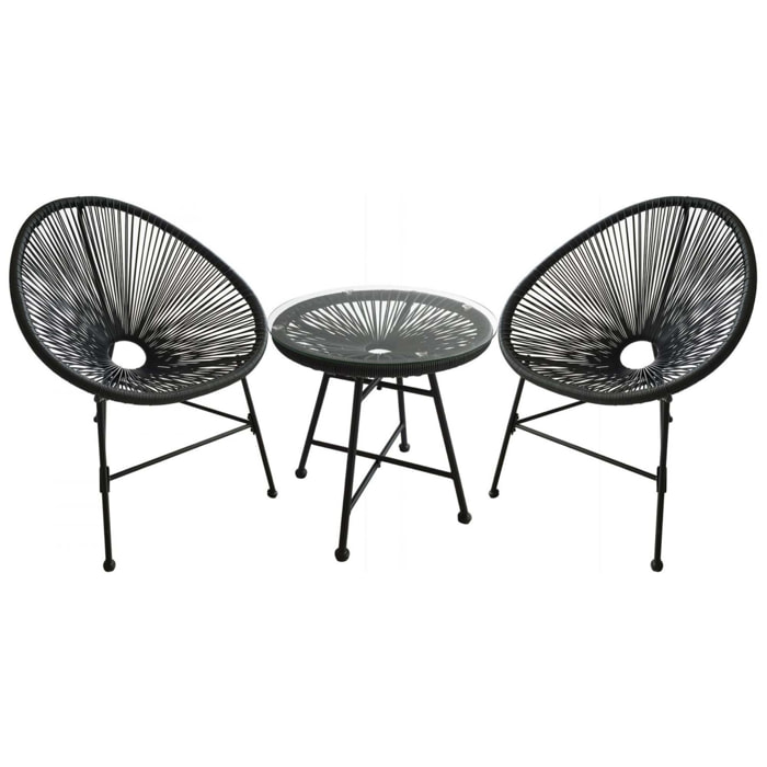 Salon de jardin 2 fauteuils ronds et table basse gris LIO