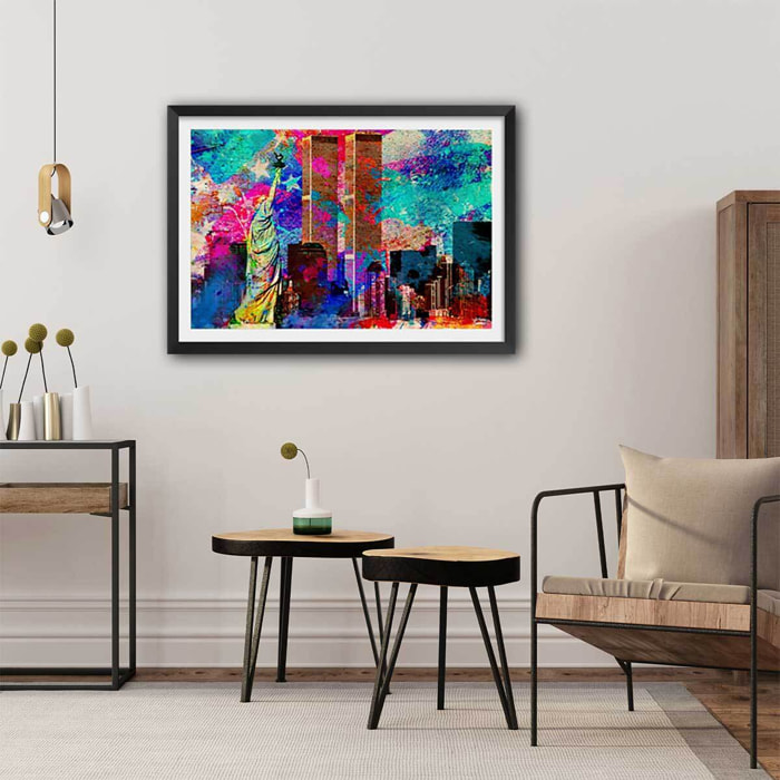 Affiche illustration graffiti new york Affiche + cadre en bois - Noir