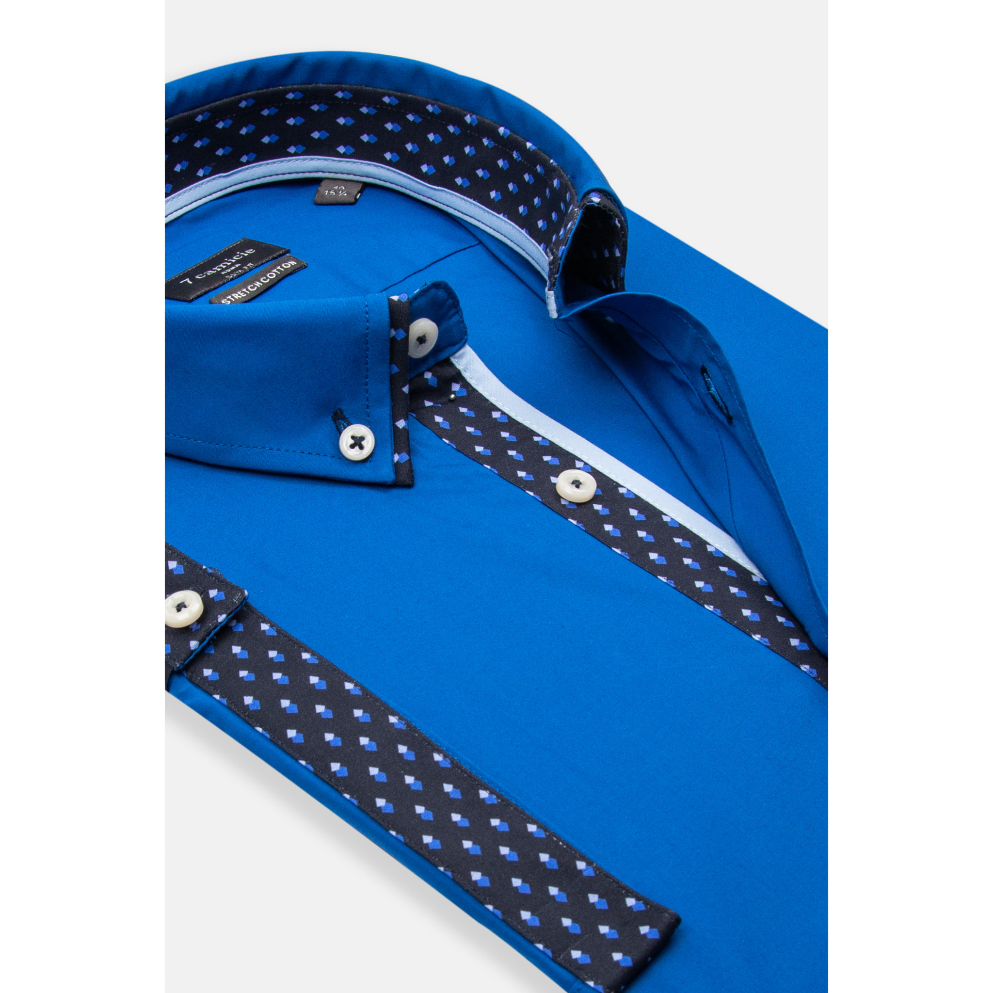 camicia uomo slim 1 bottone button down doppio collo Popeline Stretch Unito Bluette