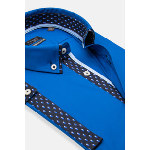 camicia uomo slim 1 bottone button down doppio collo Popeline Stretch Unito Bluette