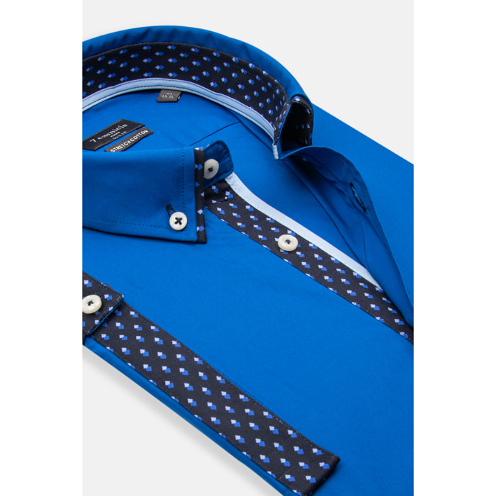 camicia uomo slim 1 bottone button down doppio collo Popeline Stretch Unito Bluette