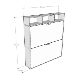 Armoire lit escamotable horizontal superposé 2 couchages 85 Kando composition L Frêne Blanc