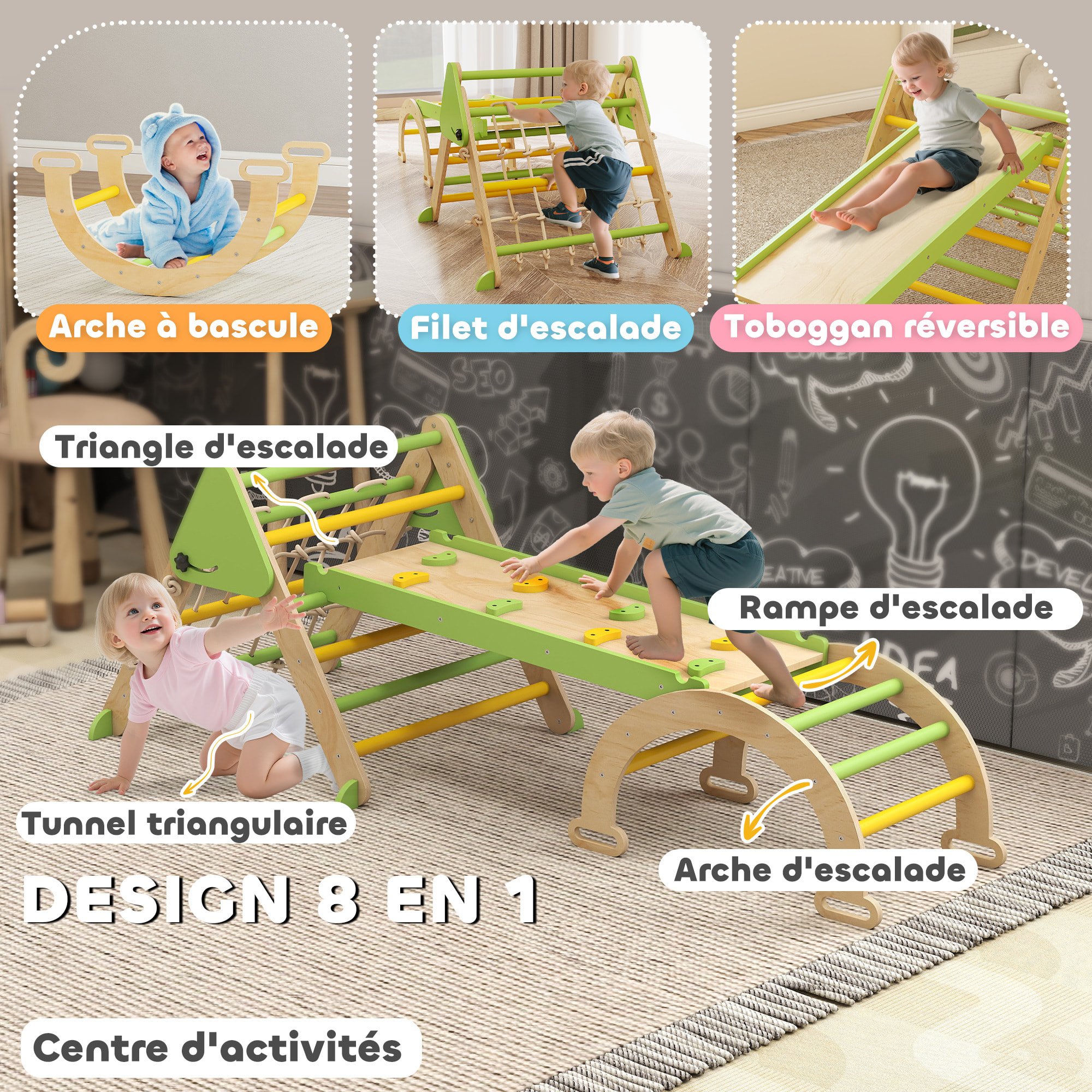 Triangle d'escalade enfant pliable 8 en 1 - aire de jeu enfant - bois vert