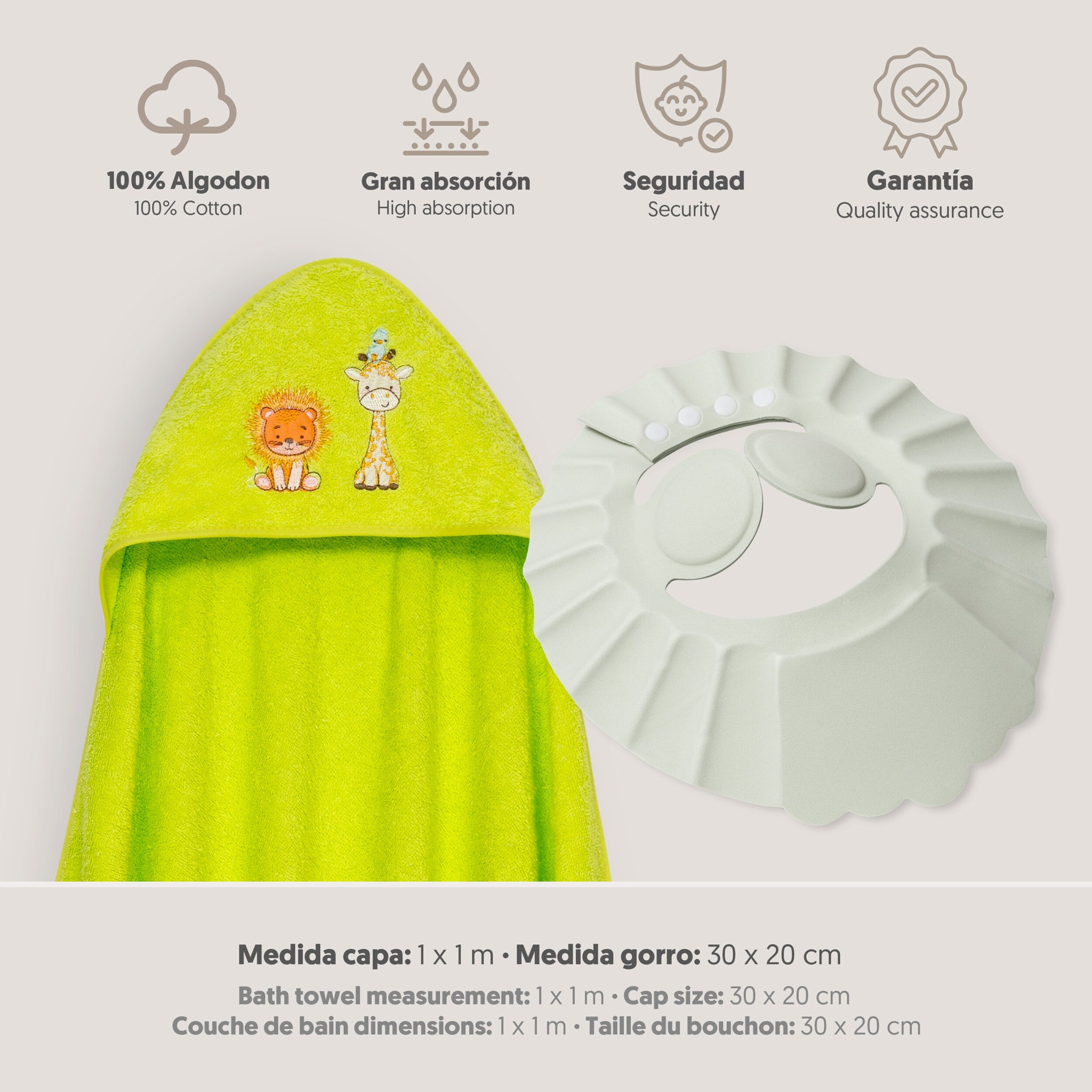 Capa Baño 1X1 Mod Leon Jirafa Pajarito+Gorro Pistacho