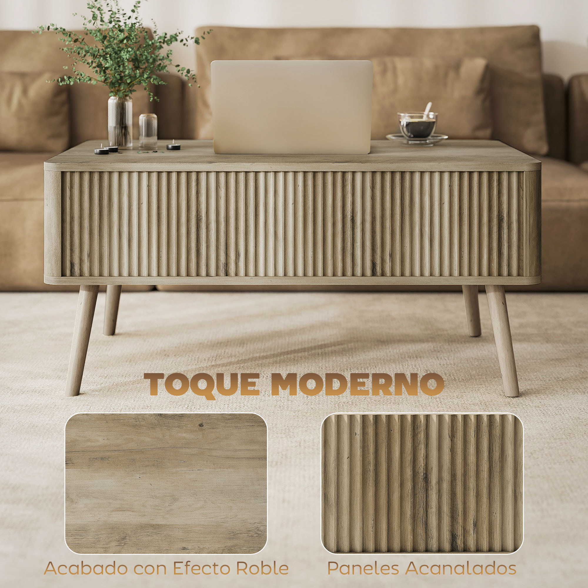 Mesa de Centro Elevable, Mesa de Café para Salón, Comedor, con Compartimentos Ocultos de Almacenaje y Patas de Pino, 91x56-80,5x43-57,5 cm, Roble