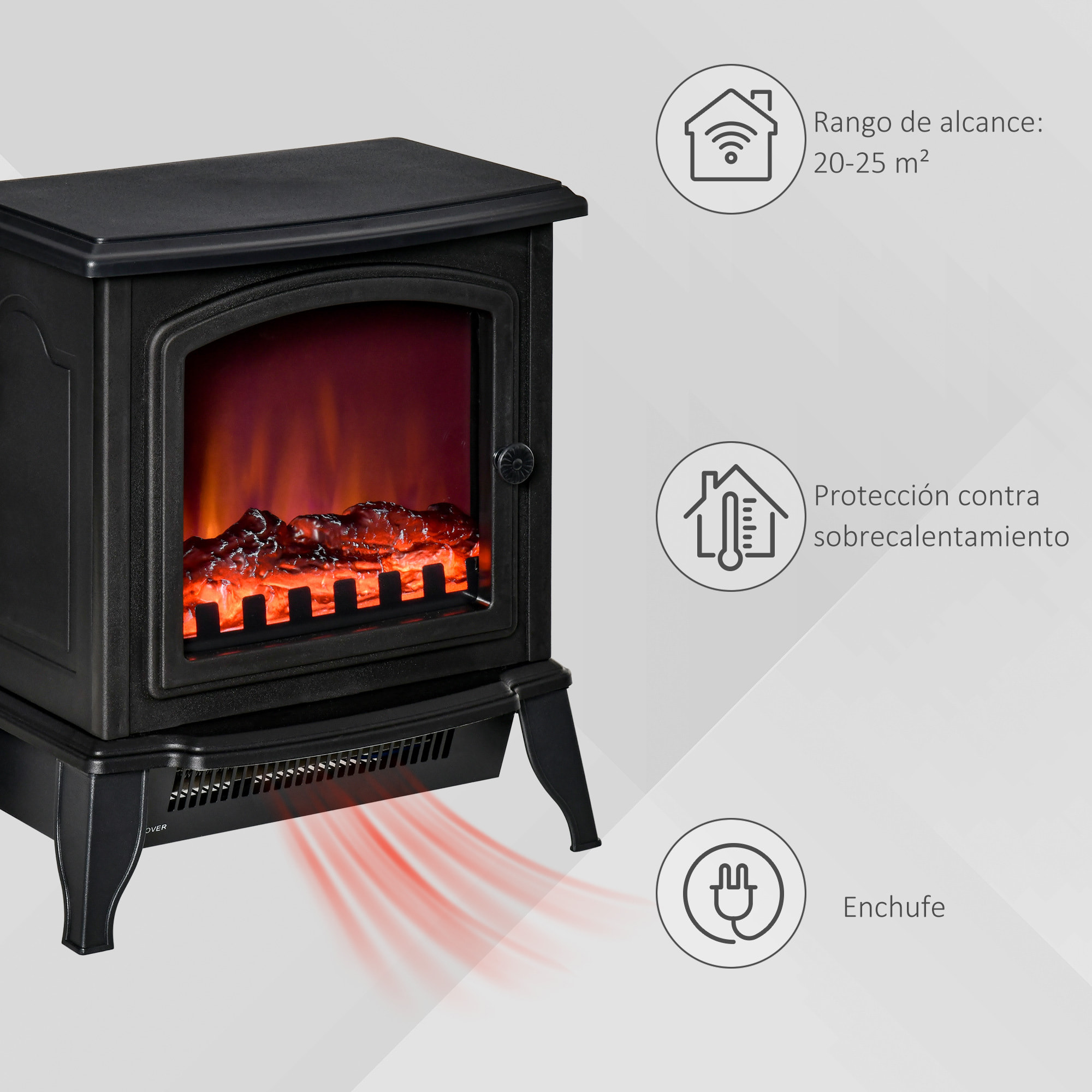 Chimenea Eléctrica Portátil 1000/2000W con Llama Simulada Termostato Ajustable y Protección Sobrecalentamiento para Salas de hasta 25m² 36,5x24x45,5 cm Negro