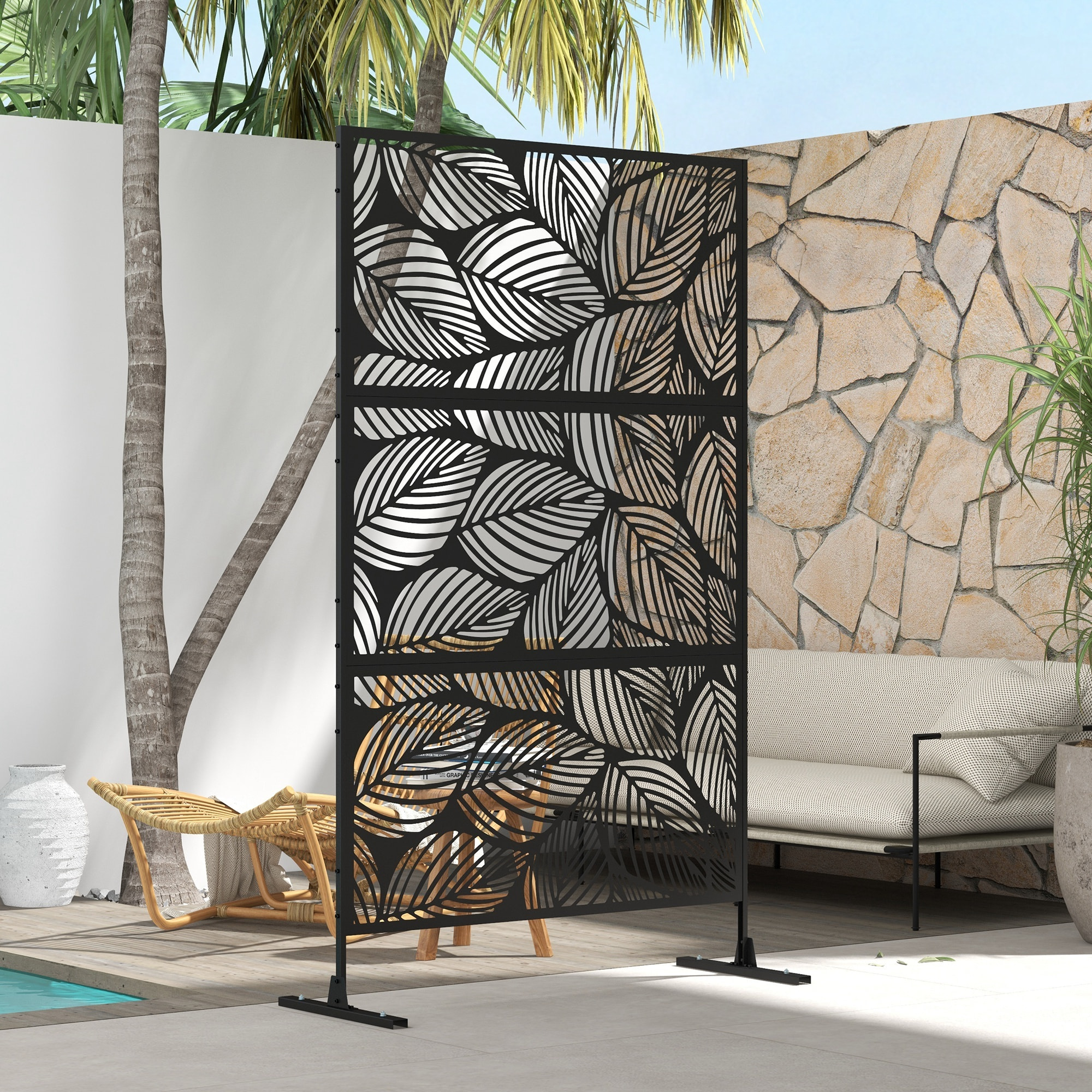 Biombo de Exterior Separador de Ambientes con 3 Piezas Patrón de Hoja Grande y Marco de Acero Pantalla de Privacidad para Patio Terraza Jardín 122x45x198 cm Negro