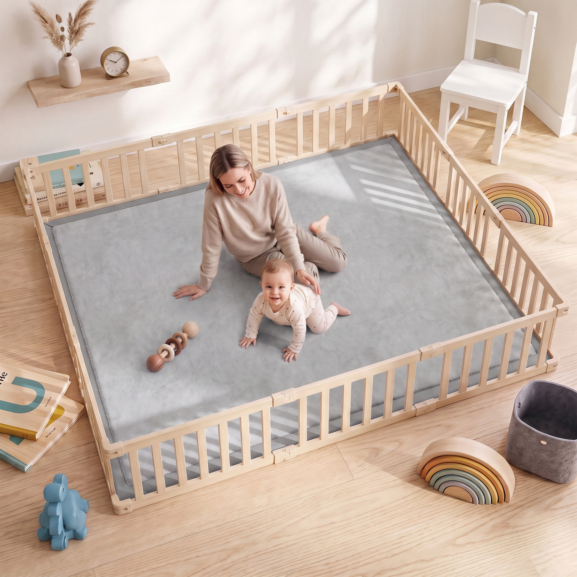 AIYAPLAY Alfombra Bebés Acolchada, 180x150 cm, Espuma de 3 cm, Colchoneta de Juegos, Franela Suave, Antideslizante, Resistente al Agua y Fácil de Limpiar, Gris Claro