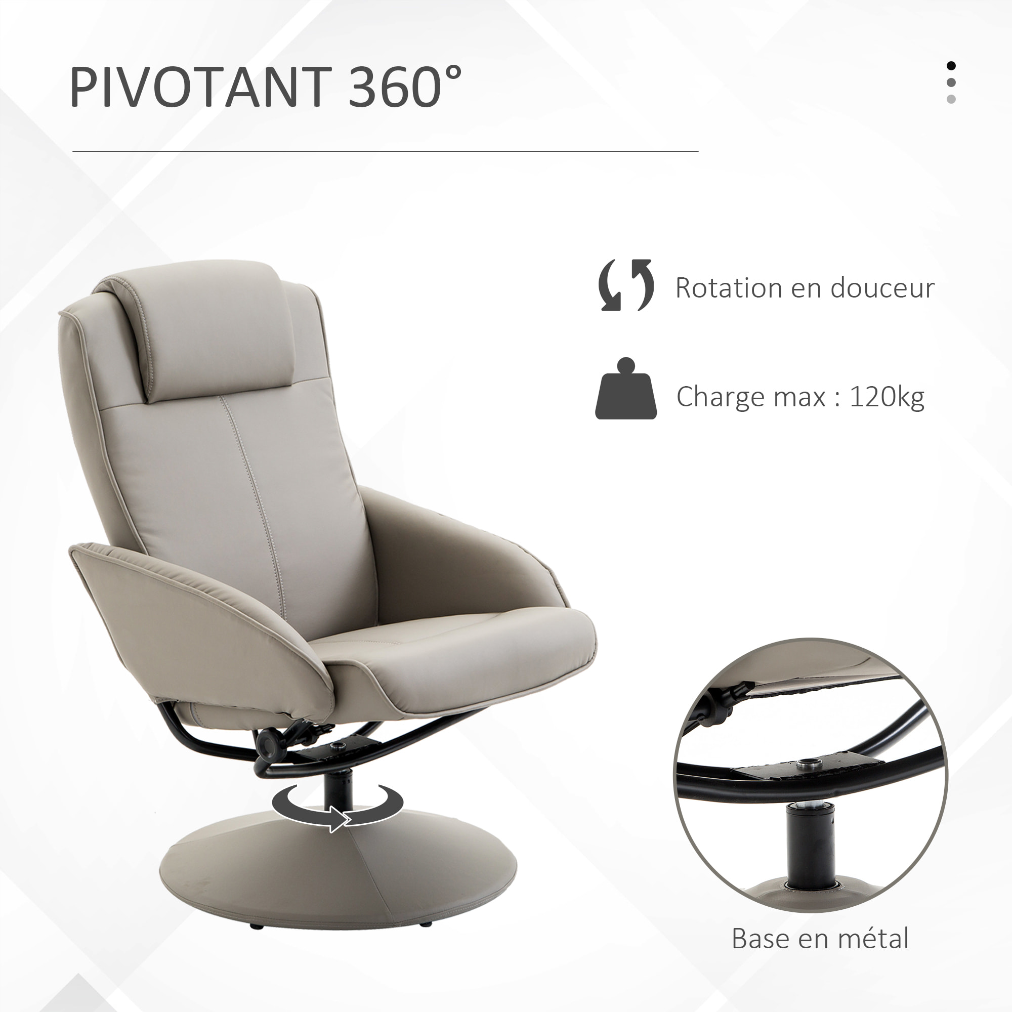 Fauteuil relax inclinable style contemporain avec repose-pieds revêtement synthétique acier gris