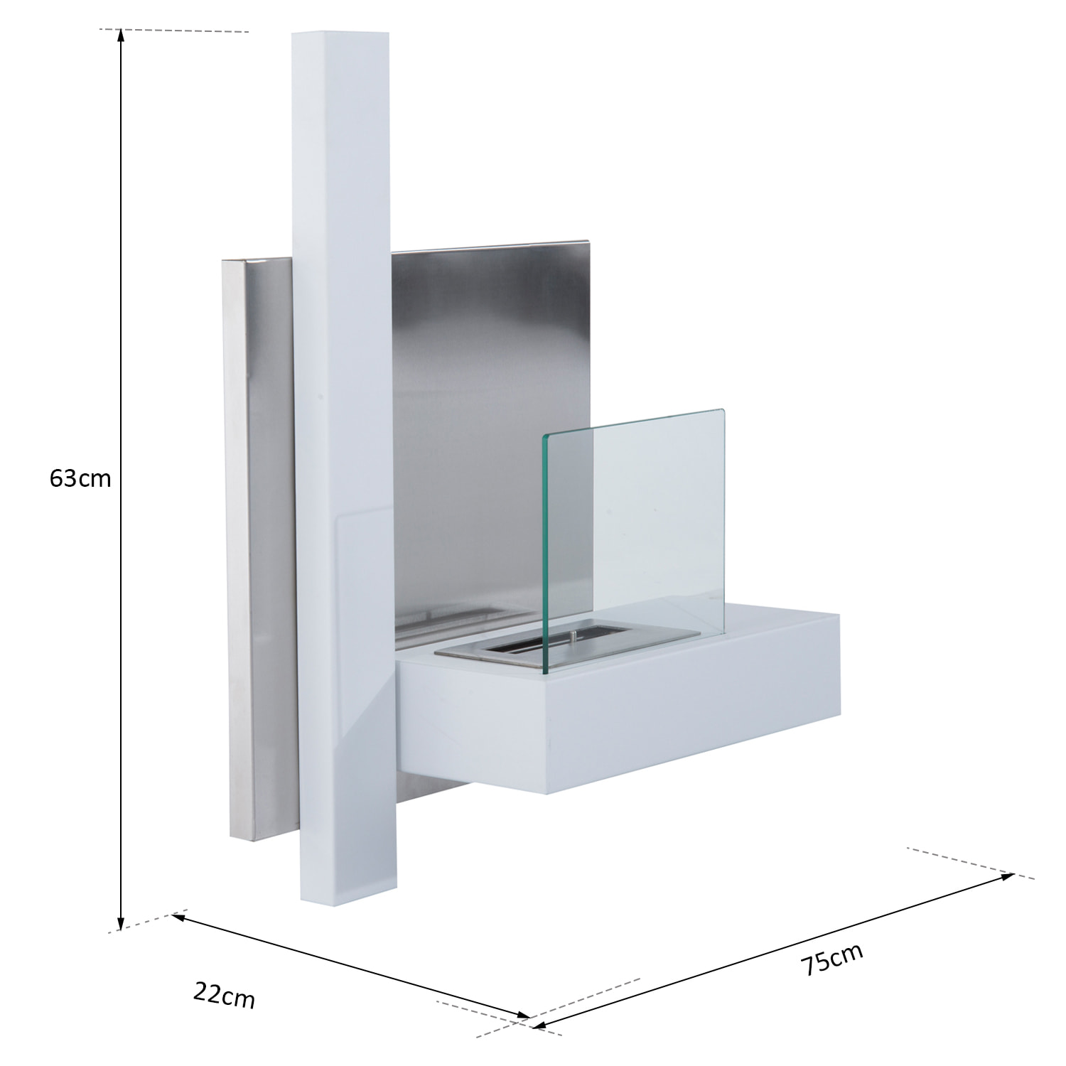 Cheminée bioéthanol murale design Bauhaus 1 brûleur 1,5 L 75L x 22l x 63H cm couverture 20-25 m² acier blanc inox. brossé