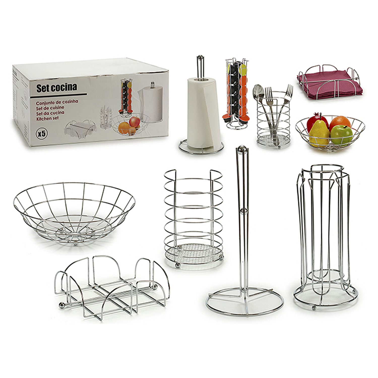 Set da cucina 5 pezzi in metallo cromo.