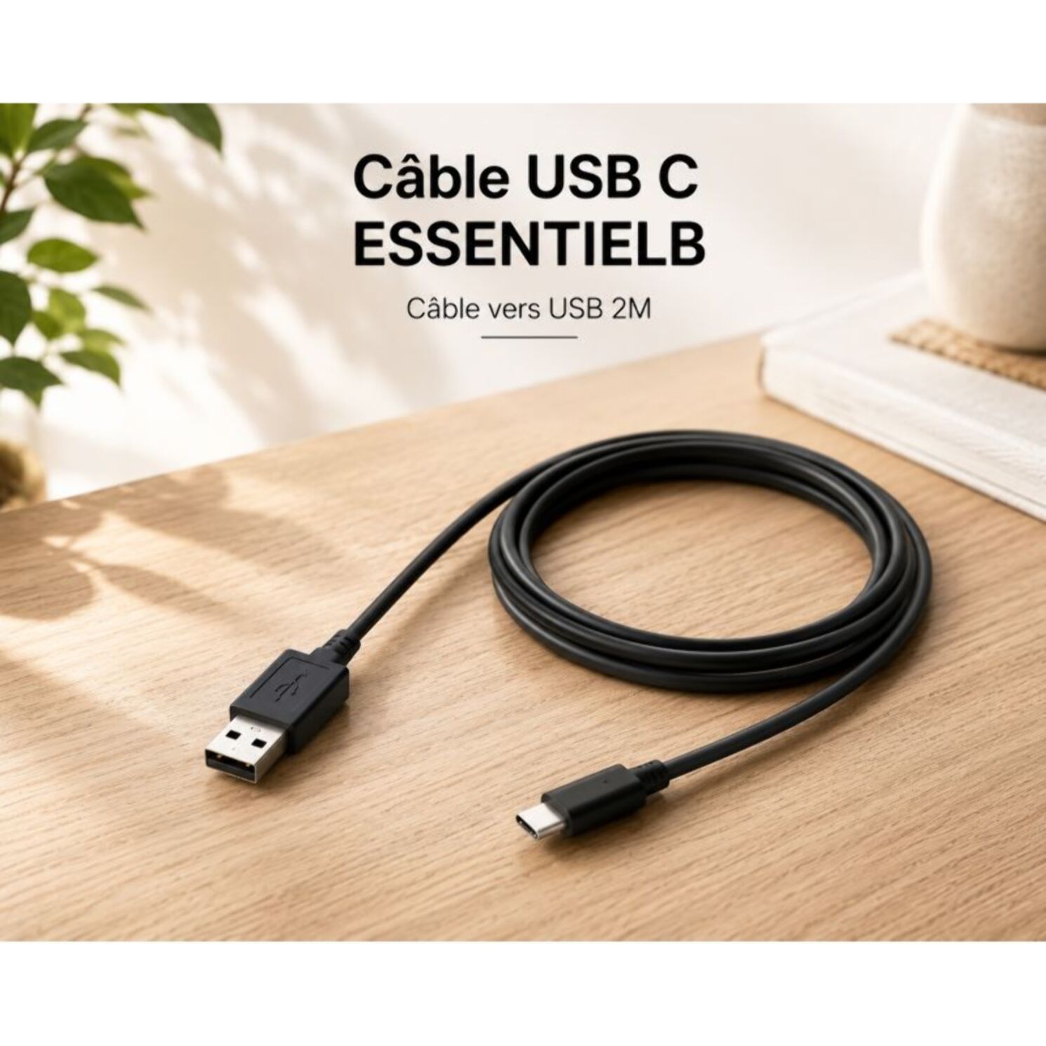 Câble USB C ESSENTIELB Câble vers USB 2M Noir compatible iPhone 17 16 15 Pro Max, Samsung Galaxy S25 S24 Ultra