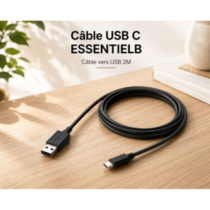 Câble USB C ESSENTIELB Câble vers USB 2M Noir compatible iPhone 17 16 15 Pro Max, Samsung Galaxy S25 S24 Ultra