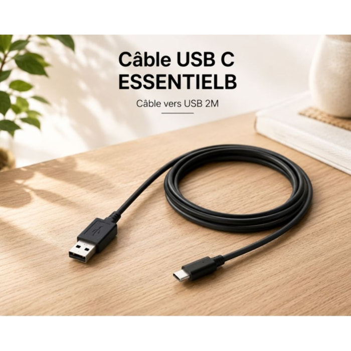 Câble USB C ESSENTIELB Câble vers USB 2M Noir compatible iPhone 17 16 15 Pro Max, Samsung Galaxy S25 S24 Ultra