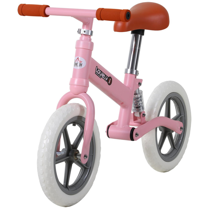 Draisienne enfant roues 12'' suspension selle hauteur réglable acier rose